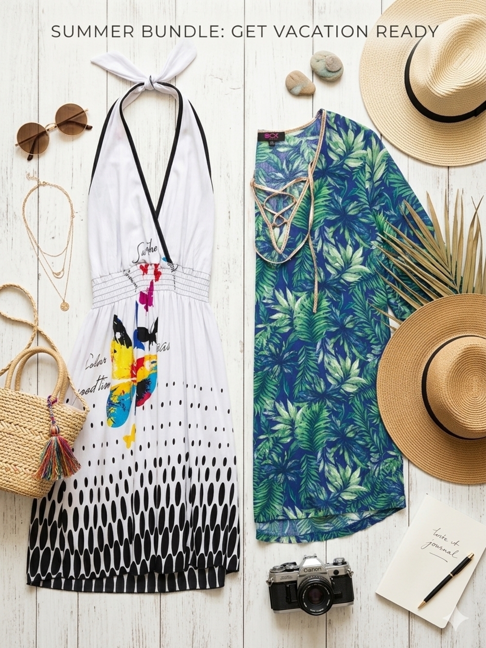 Summer Vacation Bundle: Y2K Halter Dress (M) & Tropical Cover-Up (S)